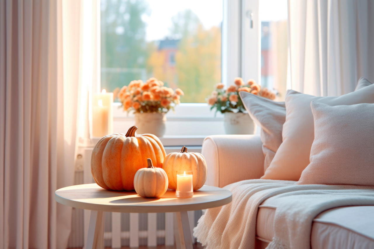 Cozy Living Room Interior In Fall Palette With Autumn Flowers And Pumpkins Decor